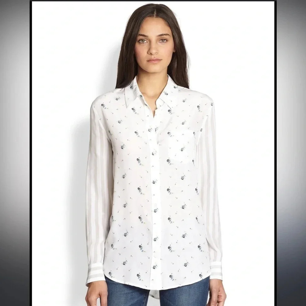 Equipment Floral and Striped 100% Silk Button Down Blouse‎